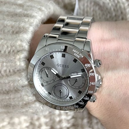 Srebrny zegarek damski Guess Eclipse z datownikiem i bransoletką GW0314L1