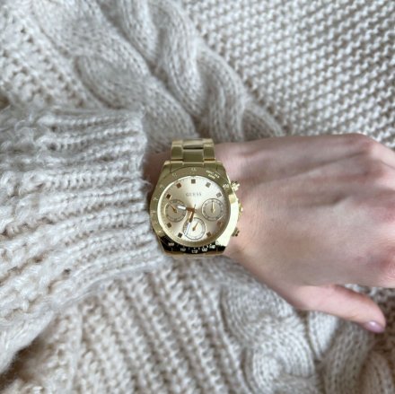 Złoty zegarek damski Guess Eclipse z datownikiem i bransoletką GW0314L2
