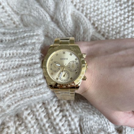 Złoty zegarek damski Guess Eclipse z datownikiem i bransoletką GW0314L2