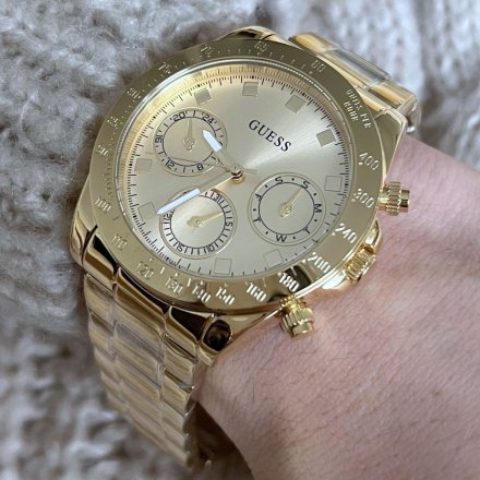 Złoty zegarek damski Guess Eclipse z datownikiem i bransoletką GW0314L2