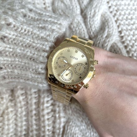 Złoty zegarek damski Guess Eclipse z datownikiem i bransoletką GW0314L2