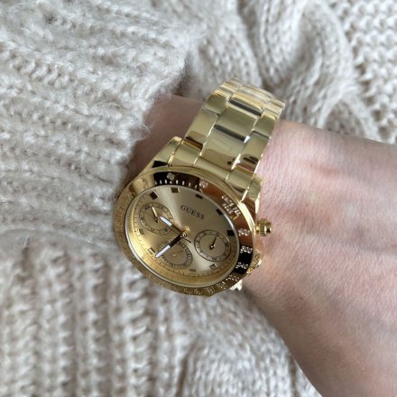 Złoty zegarek damski Guess Eclipse z datownikiem i bransoletką GW0314L2