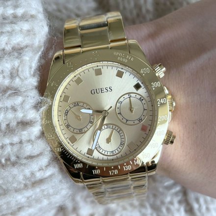 Złoty zegarek damski Guess Eclipse z datownikiem i bransoletką GW0314L2