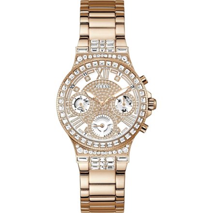 Różowozłoty zegarek damski Guess Moonlight z bransoletką z kryształkami GW0320L3