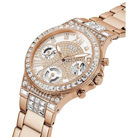 Różowozłoty zegarek damski Guess Moonlight z bransoletką z kryształkami GW0320L3