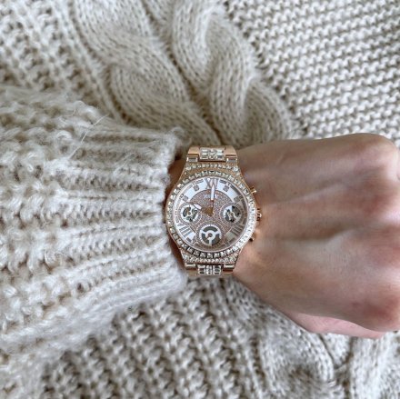 Różowozłoty zegarek damski Guess Moonlight z bransoletką z kryształkami GW0320L3