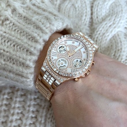 Różowozłoty zegarek damski Guess Moonlight z bransoletką z kryształkami GW0320L3