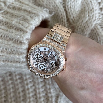 Różowozłoty zegarek damski Guess Moonlight z bransoletką z kryształkami GW0320L3