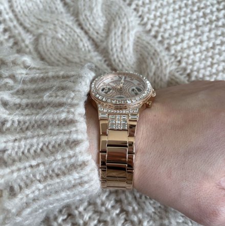 Różowozłoty zegarek damski Guess Moonlight z bransoletką z kryształkami GW0320L3