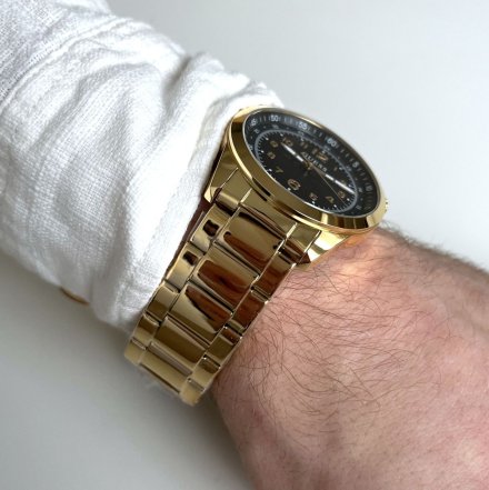 Złoty zegarek Guess Max z czarną tarczą i złotą bransoletką GW0493G2