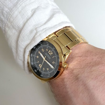 Złoty zegarek Guess Max z czarną tarczą i złotą bransoletką GW0493G2