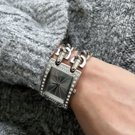 Srebrny zegarek damski Guess z łańcuszkami i kryształami Mod Heavy Metal W1121L1