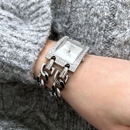 Srebrny zegarek damski Guess z łańcuszkami i kryształami Mod Heavy Metal W1121L1