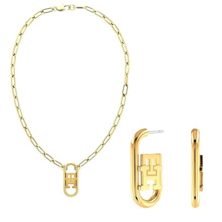 Komplet Tommy Hilfiger złoty naszyjnik + kolczyki TH Monogram 