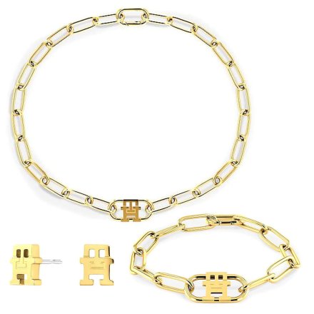 Komplet Tommy Hilfiger złoty naszyjnik + kolczyki + bransoletka łańcuch TH Monogram 