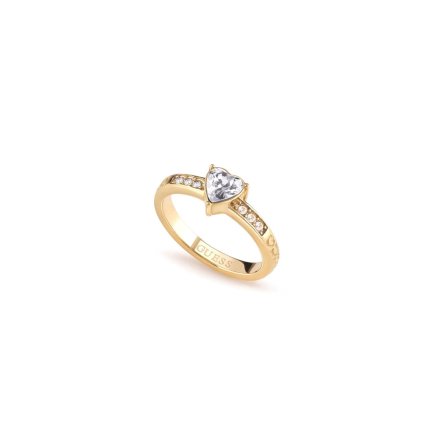 Złoty pierścionek Guess z kryształem sercem IT'S RAINING RINGS JUBR03175JW r.18