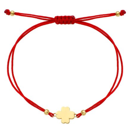 Złota bransoletka na szczęście koniczynka na czerwonym sznureczku • Złoto 585 1.04g