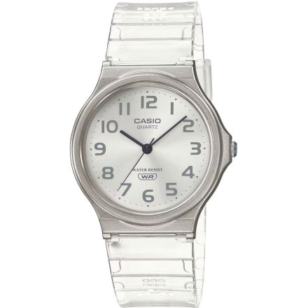 Srebrny zegarek Casio z przeźroczystym paskiem MQ-24S-7BEF