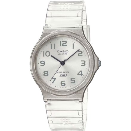 Srebrny zegarek Casio z przeźroczystym paskiem MQ-24S-7BEF