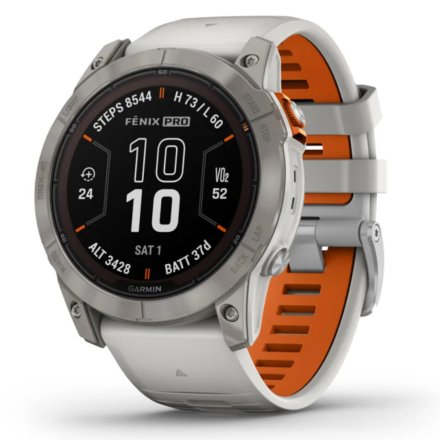 Zegarek Garmin Fenix 7 Pro Sapphire Solar Tytan z mglisto szaro-pomarańczowym paskiem 010-02777-21