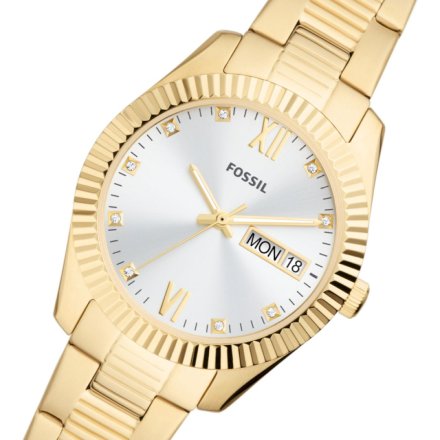 Złoty zegarek damski Fossil Scarlette z bransoletką i datownikiem ES5199