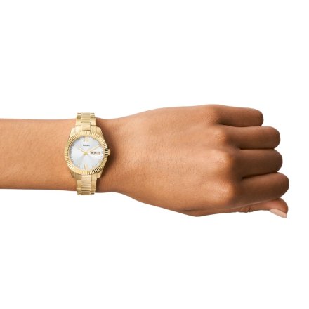 Złoty zegarek damski Fossil Scarlette z bransoletką i datownikiem ES5199