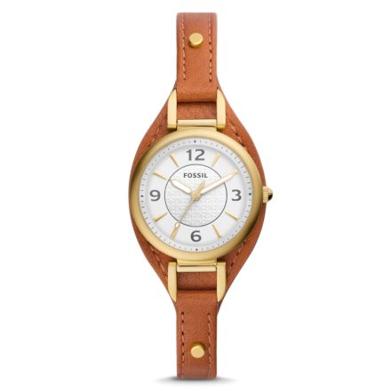 Złoty zegarek damski Fossil Carlie Mini z brązowym paskiem z podkładką ES5215