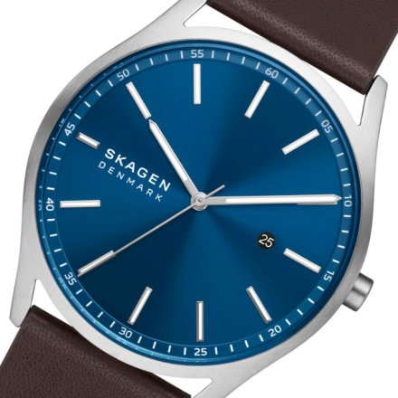 Męski zegarek z brązowym paskiem i niebieską tarczą Skagen Holst SKW6846
