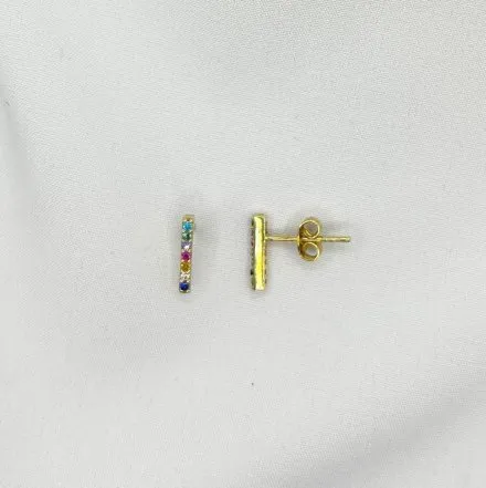 Złote kolczyki patyczki podłużne strzałki z kolorowymi cyrkoniami A084 • Złoto 585 0.84g