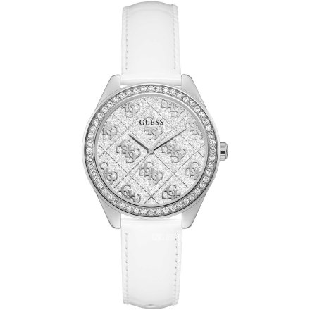 Srebrny zegarek Guess Sugar na białym pasku z kryształami i brokatem GW0098L1
