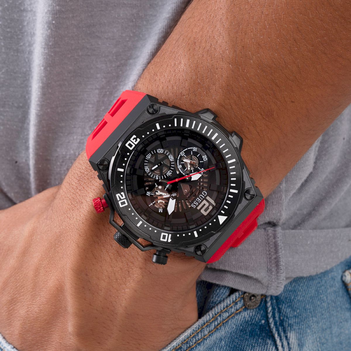 Czarny zegarek Guess GW0325G3 czerwonym Exposure - pasku 599,00 na zł