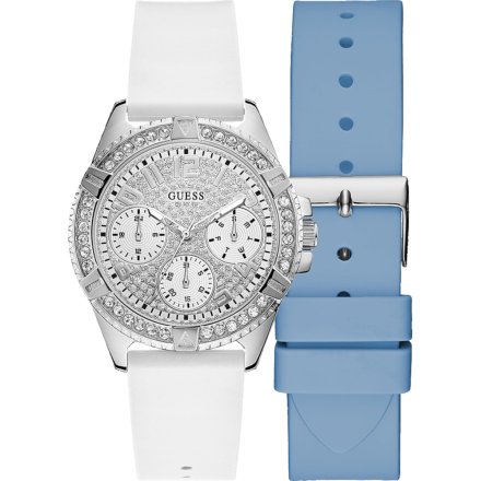 Srebrny zegarek damski Guess Frontier z zestawem pasków i kryształami GW0349L2