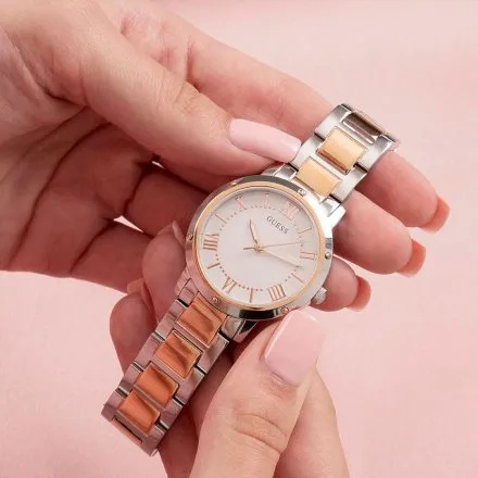 Różowo-srebrny zegarek Guess Dawn na bransolecie GW0404L3