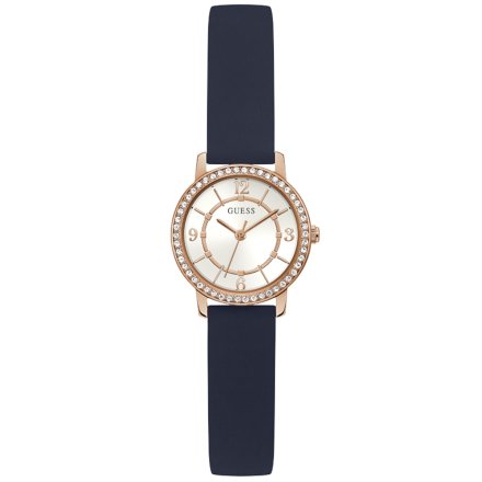 Różowozłoty zegarek Guess Melody z granatowym paskiem navy GW0469L2