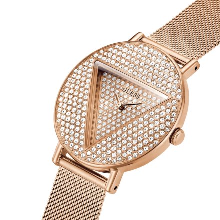 Różowozłoty zegarek damski Guess Iconic z bransoletką i kryształkami GW0477L3