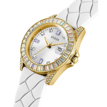 Złoty zegarek damski Guess Opaline z białym paskiem GW0585L2