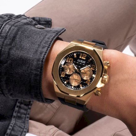 Złoty zegarek męski Guess Empire z czarnym paskiem GW0583G2