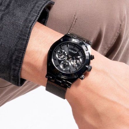 Czarny zegarek męski Guess Continental z bransoletką mesh GW0582G3