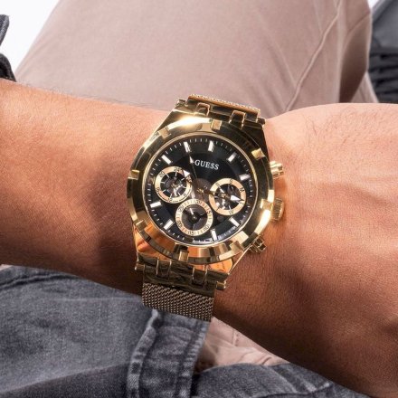 Złoty zegarek męski Guess Continental z bransoletką mesh GW0582G2