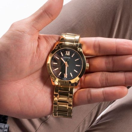 Złoty zegarek męski Guess Crescent z zieloną tarczą GW0574G2