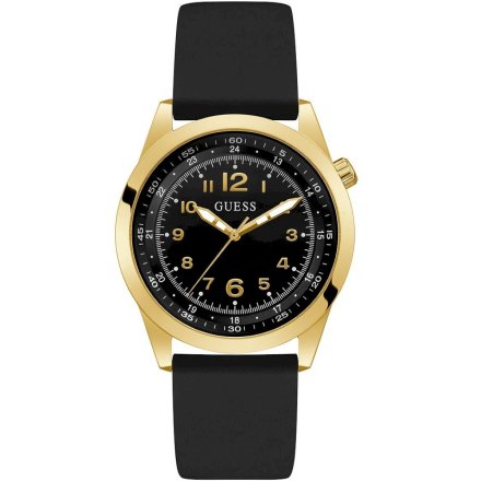 Złoty zegarek Guess Max z czarną tarczą i czarnym paskiem GW0494G2