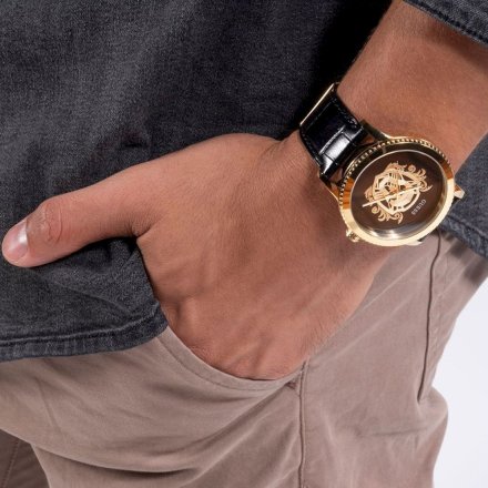 Złoty zegarek męski Guess Monarch z czarnym paskiem i herbem GW0566G1