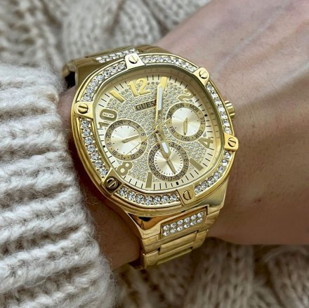 Złoty zegarek Guess Duchess z kryształkami i bransoletką GW0558L2