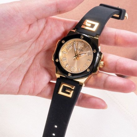 Złoty zegarek damski Guess G Hype z czarnym paskiem GW0555L2