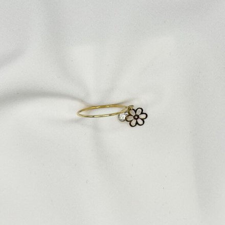 Złoty pierścionek celebrytka z zawieszką kwiatek i kryształ r.15 • Złoto 585