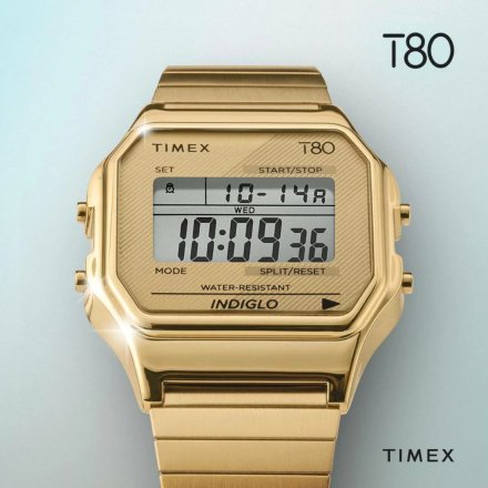Złoty zegarek Timex na rozciąganej bransolecie Retro T80 TW2R79000