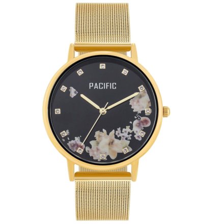 Złoty damski zegarek z kwiatami i kryształkami PACIFIC X6182-05