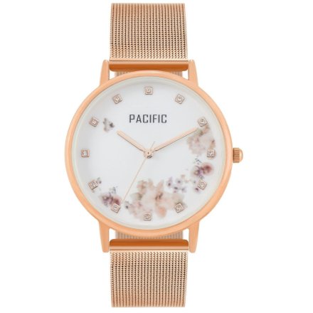 Różowozłoty damski zegarek z kwiatami i kryształkami PACIFIC X6182-06