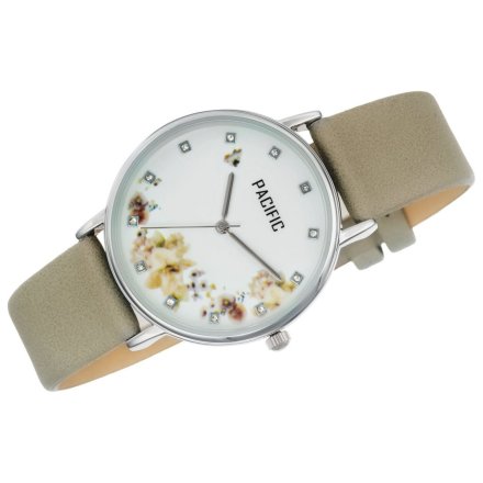 Srebrny damski zegarek z kwiatami i kryształkami na pasku PACIFIC X6182-07