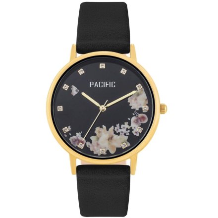 Złoty damski zegarek z kwiatami i kryształkami na pasku PACIFIC X6182-10